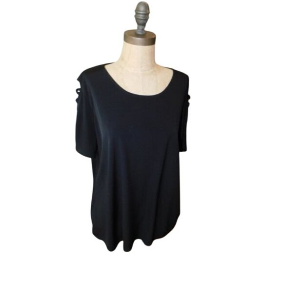 Michael Kors Size 1X Plus Size Black Slinky Stretchy Short Sleeve Cut Out Blouse - Picture 1 of 2